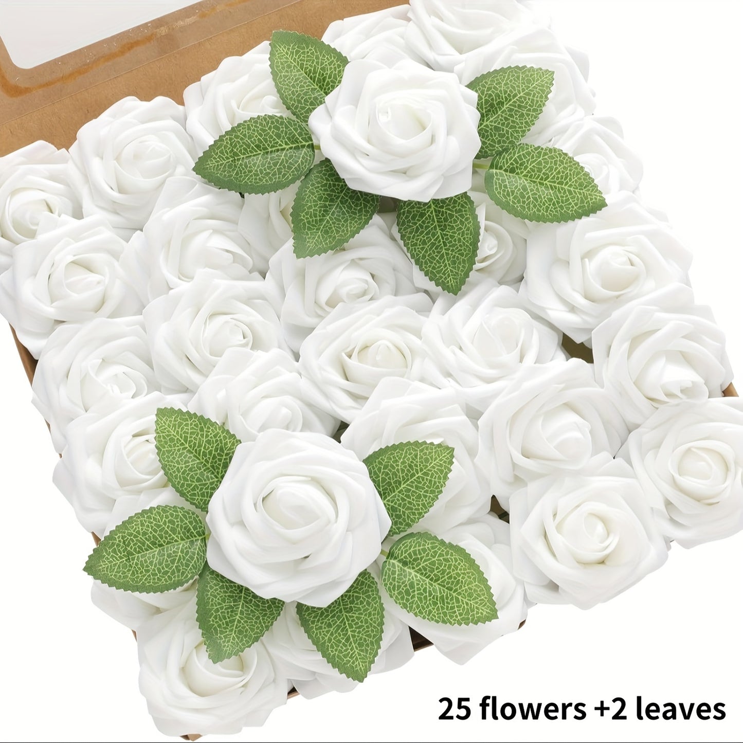 27 artificial ivory foam roses with stems and leaves, ideal for DIY wedding bouquets, bride gifts, centerpieces, and party tables.