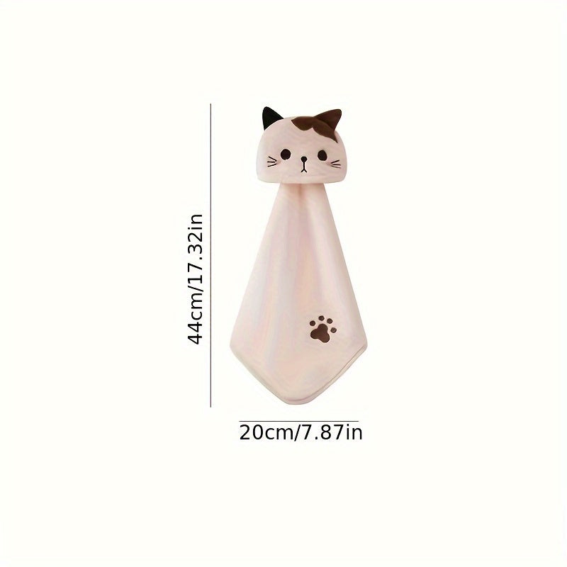 Soft coral fleece hand towel embroidered with a cat design - cute and absorbent for kitchen and bathroom use.