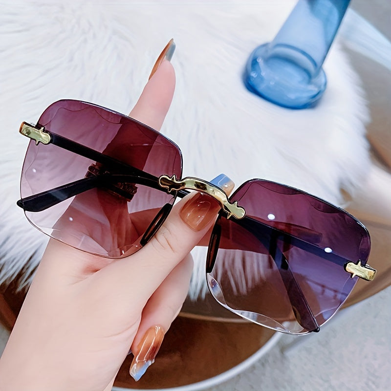 Women's minimalist frameless square glasses with lightweight plastic and resin lenses in fashionable purple tint, ideal for stylish accessory with minimalist design and lightweight frame.