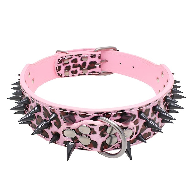 Medium to large dog collar with spiked studs, hand wash only, durable for heavy-duty use, non-breakable buckle, sturdy construction.