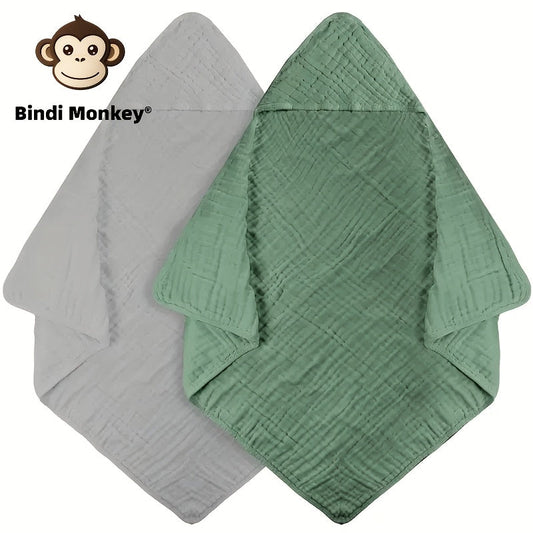 Two pieces of cute Bindi Monkey themed hooded baby towels, made with soft and skin-friendly materials, suitable for both boys and girls. These towels are super absorbent, measuring 81.28cm x 81.28cm, and should be hand washed only. Perfect for newborns