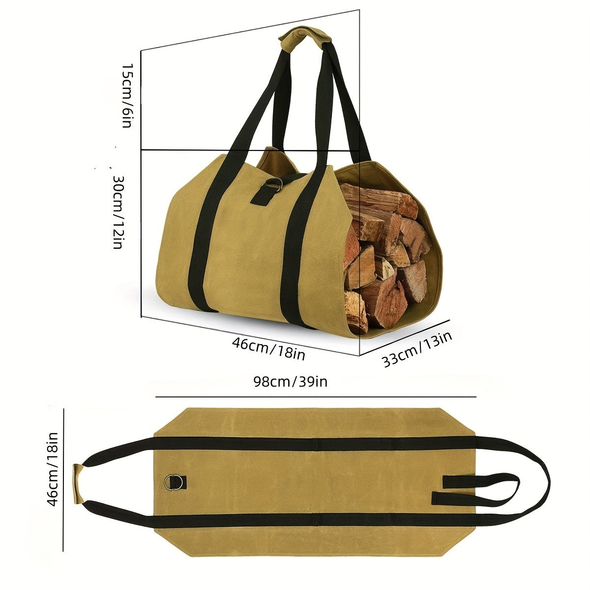 Canvas log tote with handles for carrying firewood, sturdy polystyrene wood holder, essential fireplace accessory for outdoor camping and trips.