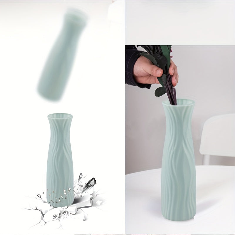 Plastic vase with ceramic look for home or office decor.