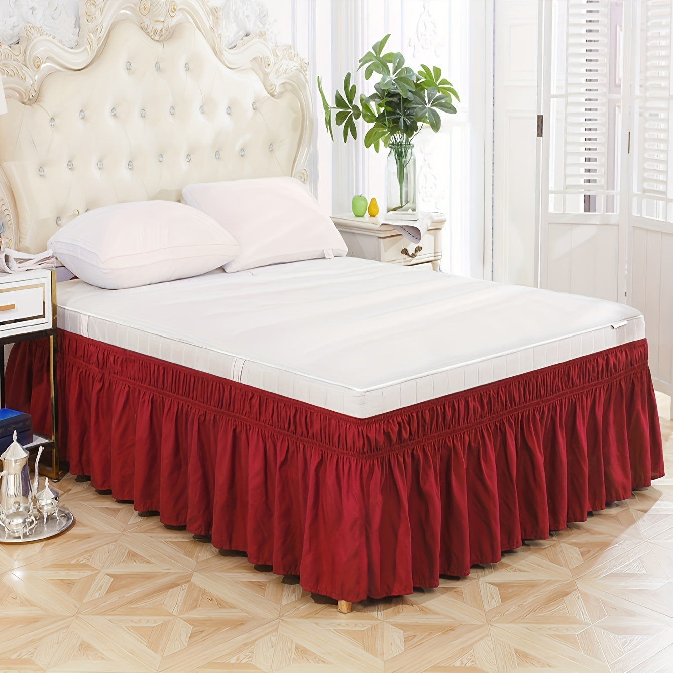 Elastic Bed Skirt in Pure Color, Soft Bedding Supplies, Lotus Leaf Edge Design for Comfortable and Durable Use in Bedroom or Guest Room. Skin-friendly Material.