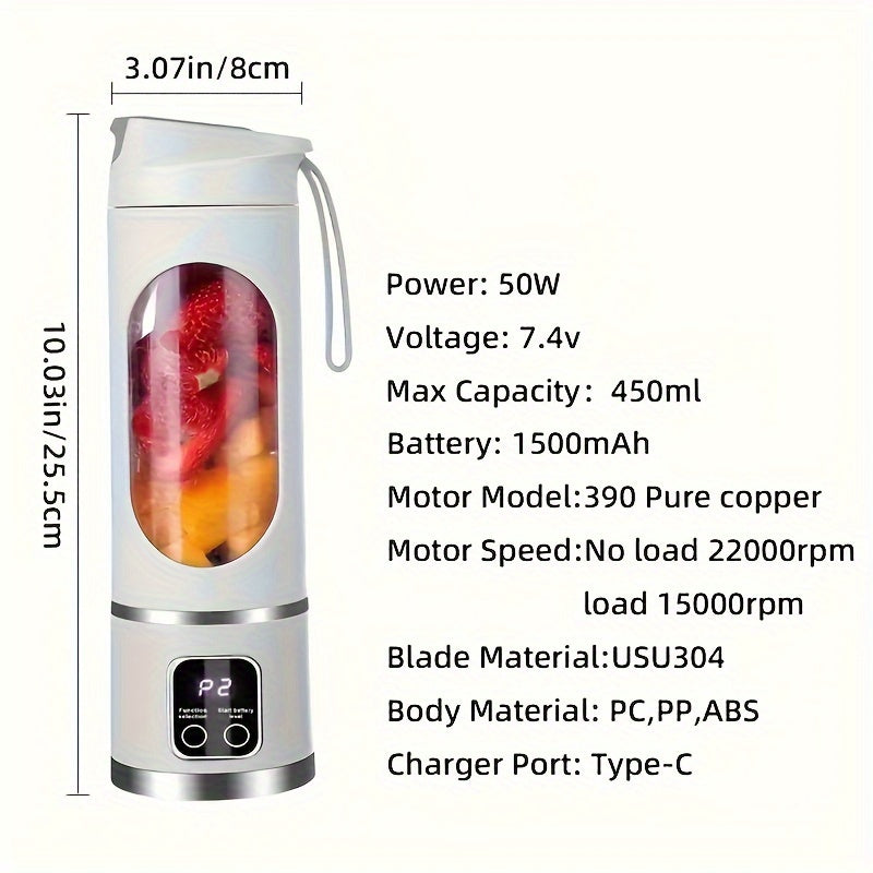 Compact and Portable USB Rechargeable Blender with LED Display - 450ml Capacity, Perfect for Smoothies & Fresh Juice, Convenient Design for On-the-Go Nutrition