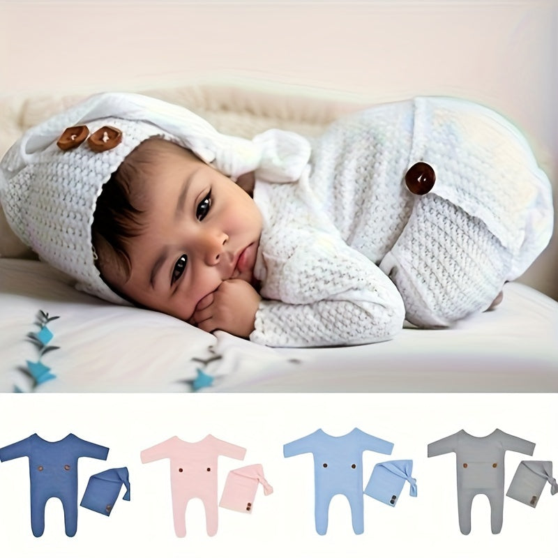 Newborn baby boy clothes set including a long sleeve knitted romper bodysuit, beanie cap, perfect for photography props and toddler photo shooting outfits. Great as a gift for Christmas, Halloween, or Thanksgiving Day.