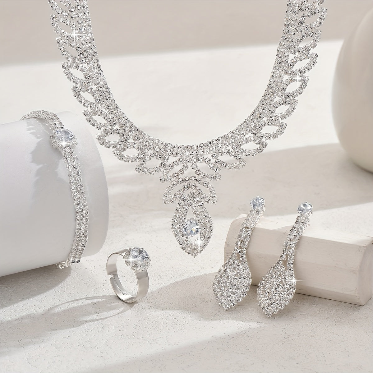 Complete Wedding Jewelry Set for Women - Includes Floral Necklace, Dangle Earrings, Adjustable Bracelet, and Cubic Zirconia Ring. Perfect for Bridal Bridesmaids at Prom or other Elegant Events.