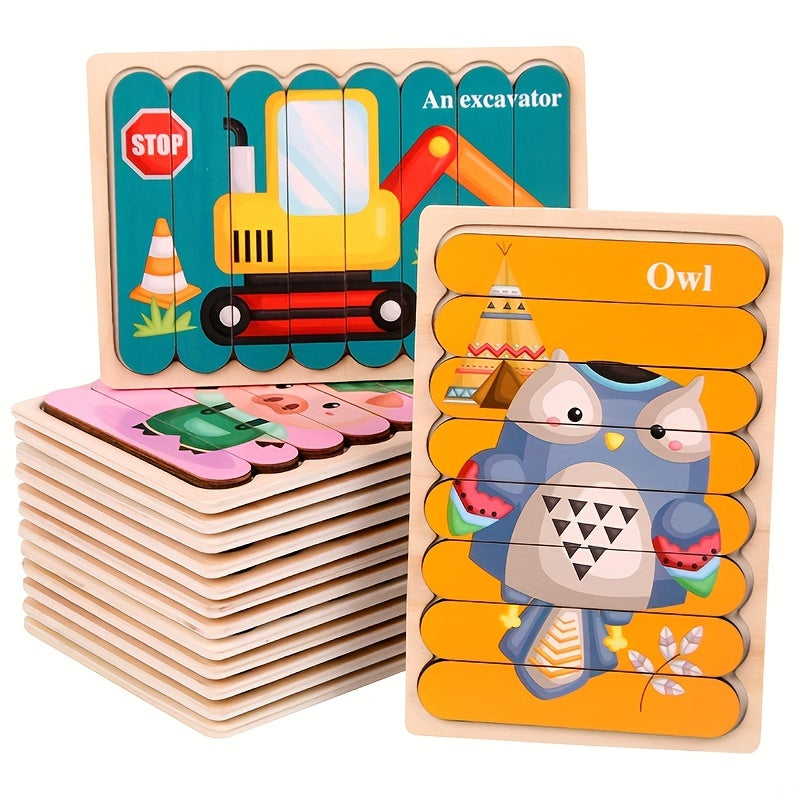 Wooden Strip Puzzle for Creative Children's Early Education: Featuring Cartoon Animal Stories and Traffic/Fruit Themes on Double-sided Boards - A Fun and Educational Toy.