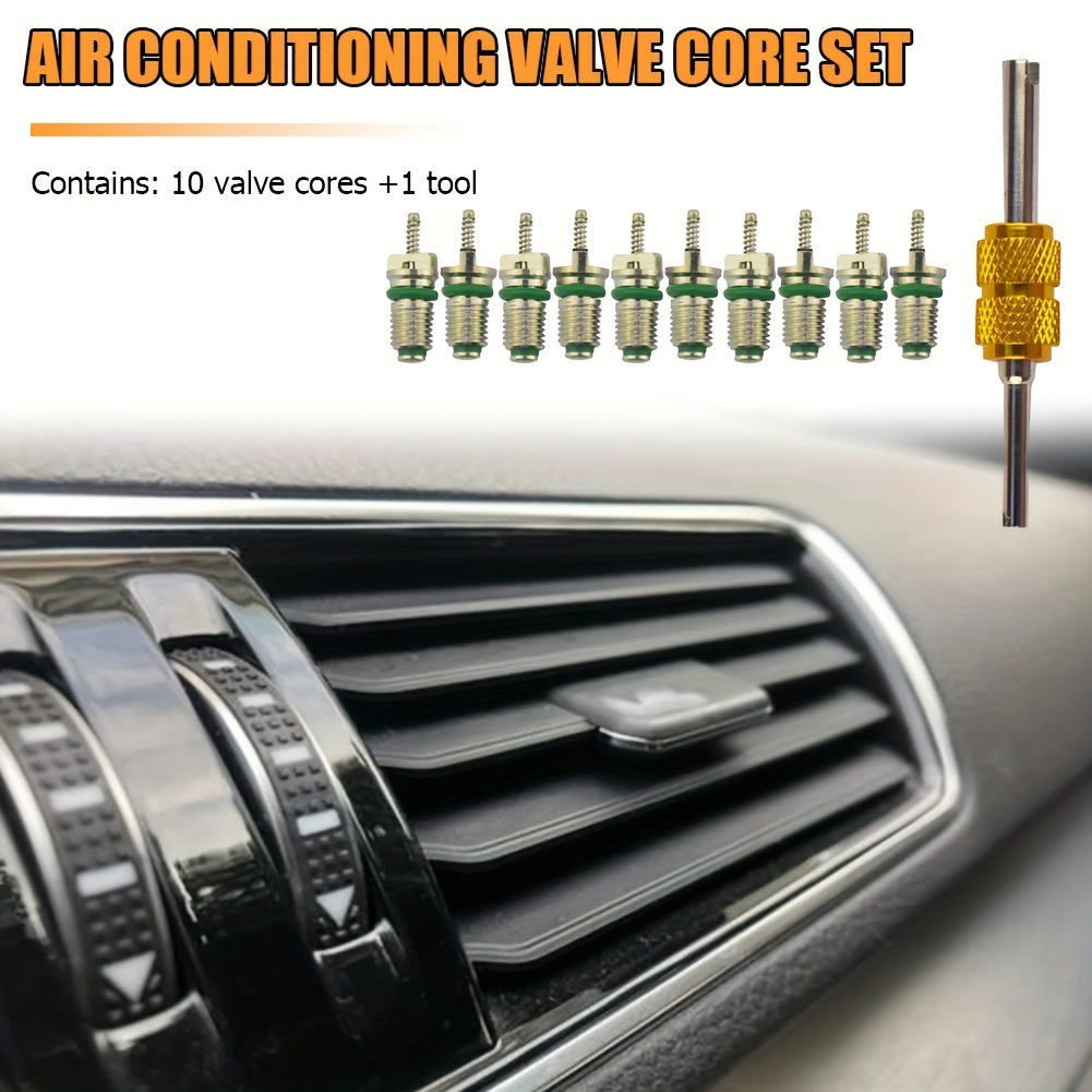 Maintenance kit for automotive air conditioners, featuring a set of 10 high-pressure green valve cores made of brass. Includes dual-headed replacements, no electricity needed.