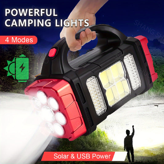 High brightness portable LED camping light with solar and USB charging, multifunctional emergency light for camping, fishing, outdoor activities, and home power outages. Includes battery.