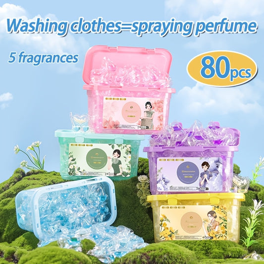 80 High-quality 3-in-1 laundry detergent pacs with long-lasting scent and deep cleansing. Contains natural ingredients for stains and odors removal. Comes in 5 fragrances and transparent