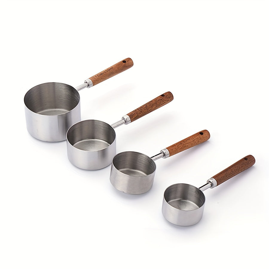 Set of 4 measuring cups and 4 measuring spoons with wooden handles, made of stainless steel. Includes graduated measurements for precise baking and cooking. A must-have tool for any kitchen, perfect for apartments and essential for cooking and baking