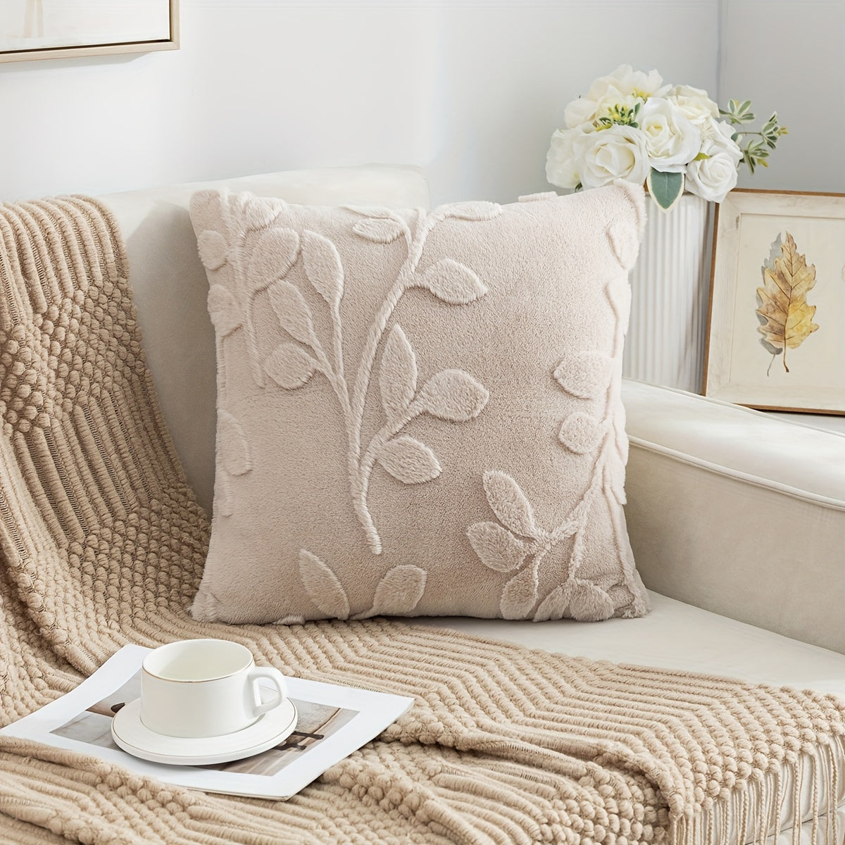 Soft faux rabbit fur throw pillow cover with branch pattern. This zippered cover is hand washable and perfect for adding a luxurious touch to your living room or bedroom decor.