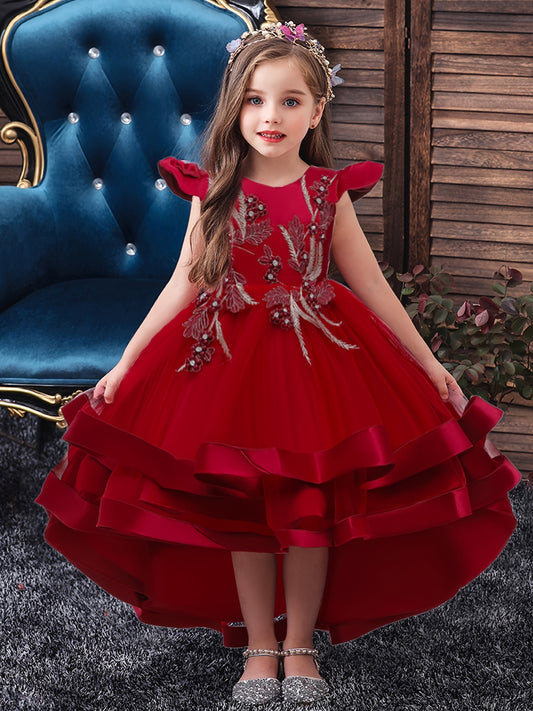 Mesh flower embroidered princess dress with fly sleeve for party performance.