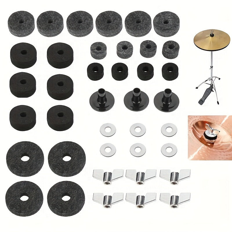 Premium Cymbal Care Bundle includes 21 high-density padded sleeves for hi-hats and cymbals, noise-reducing stand sleeves, secure wing nuts, and sound-enhancing washers. Ultimate drum kit