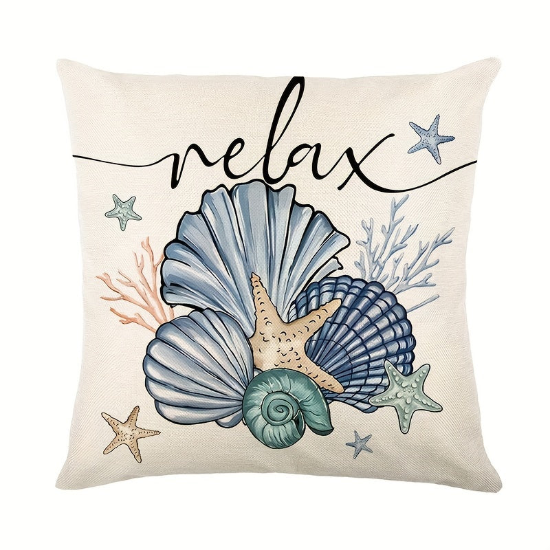 Summer starfish and shell throw pillow covers in a contemporary style, measuring 45.72x45.72 cm. Perfect for nautical ocean beach holiday theme decor, suitable for home, porch, patio, couch, sofa, and outdoor use. Made of durable polyester, pillow