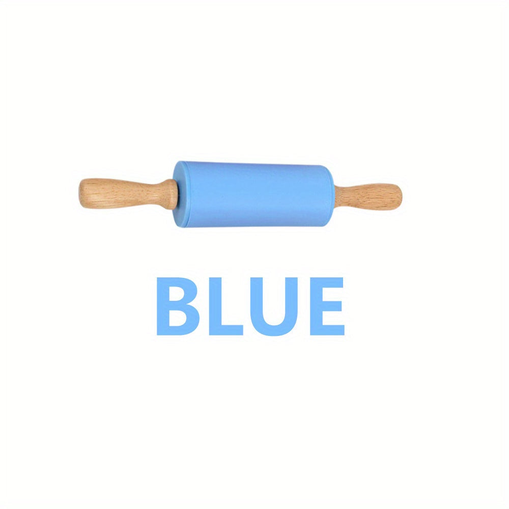 Small rolling pin suitable for kids with a wooden handle and non-stick silicone dough roller, ideal for baking activities.