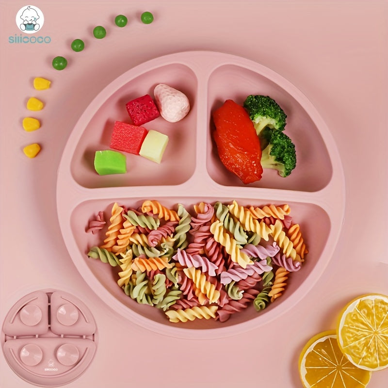 This dinner plate divider in a silicone suction cup format helps children learn to eat independently. It is suitable for use in the microwave, dishwasher, and oven, making it convenient for parents. By using this food supplement tableware, children can