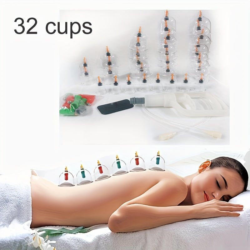 Home use vacuum cupping set with 32 suction cups.