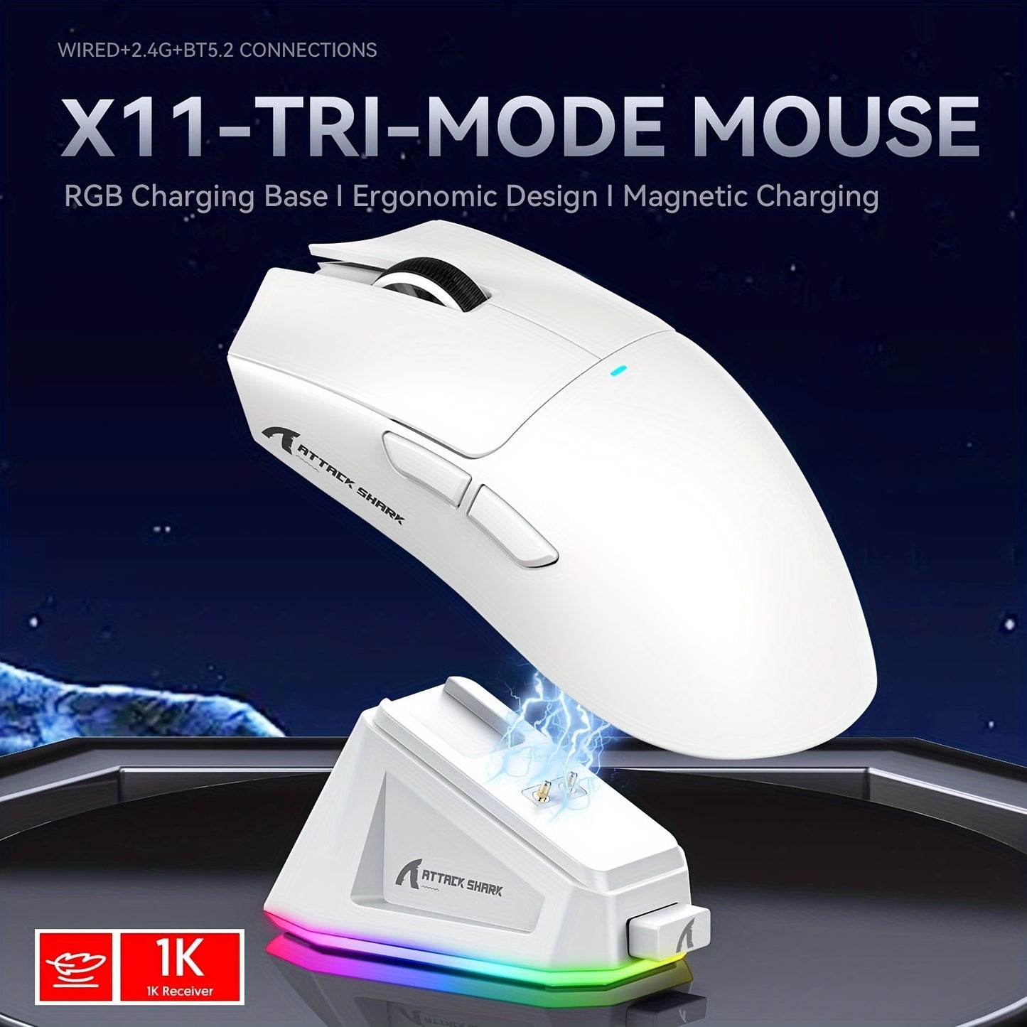 ATTACK SHARK X11 Gaming Mouse with Magnetic Charging Dock, PixArt PAW3311 Gaming Sensor, BT/2.4G Wireless/Wired for Win11/Xbox/PS/Mac Office Mice Gamer.