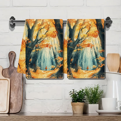 Set of 2 Ultra Soft Kitchen Towels featuring an Autumn Forest Scene, designed for high absorption and easy machine washing. Each towel measures 40.64x60.96 cm, ideal for holiday decoration and drying dishes.