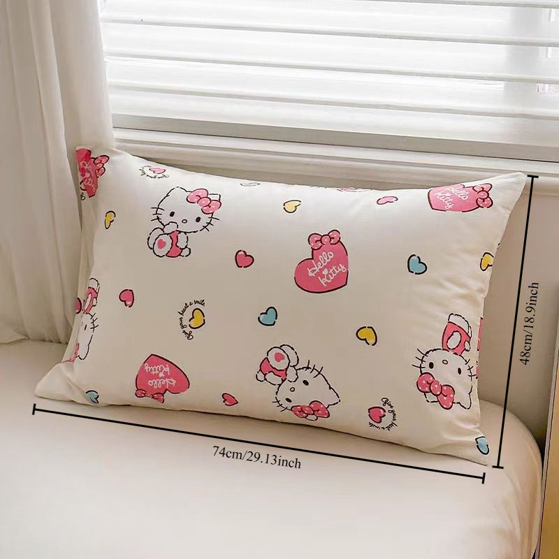 One piece of a Hello Kitty pillowcase made from 100% soft and breathable fabric. This bed pillow cover is machine washable and allergy-resistant. It features a digital print design with an envelope closure. The fabric weight is 250-300gsm, perfect for