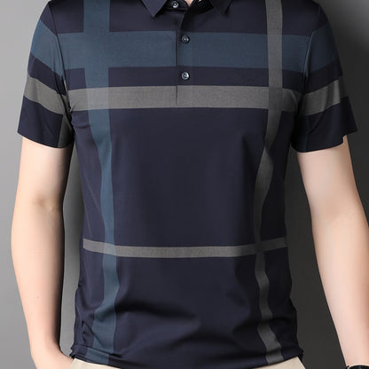 Summer plaid men's shirt with short sleeves, made of nylon blend stretch fabric that is not transparent.