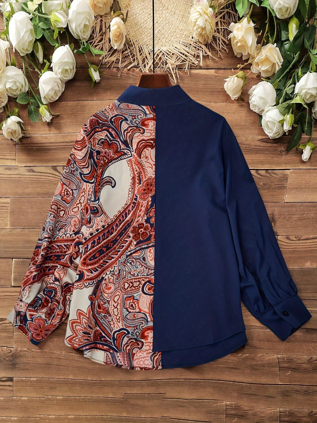 Stylish plus size paisley print blouse for women - long sleeve, button-up, non-stretch polyester, machine washable