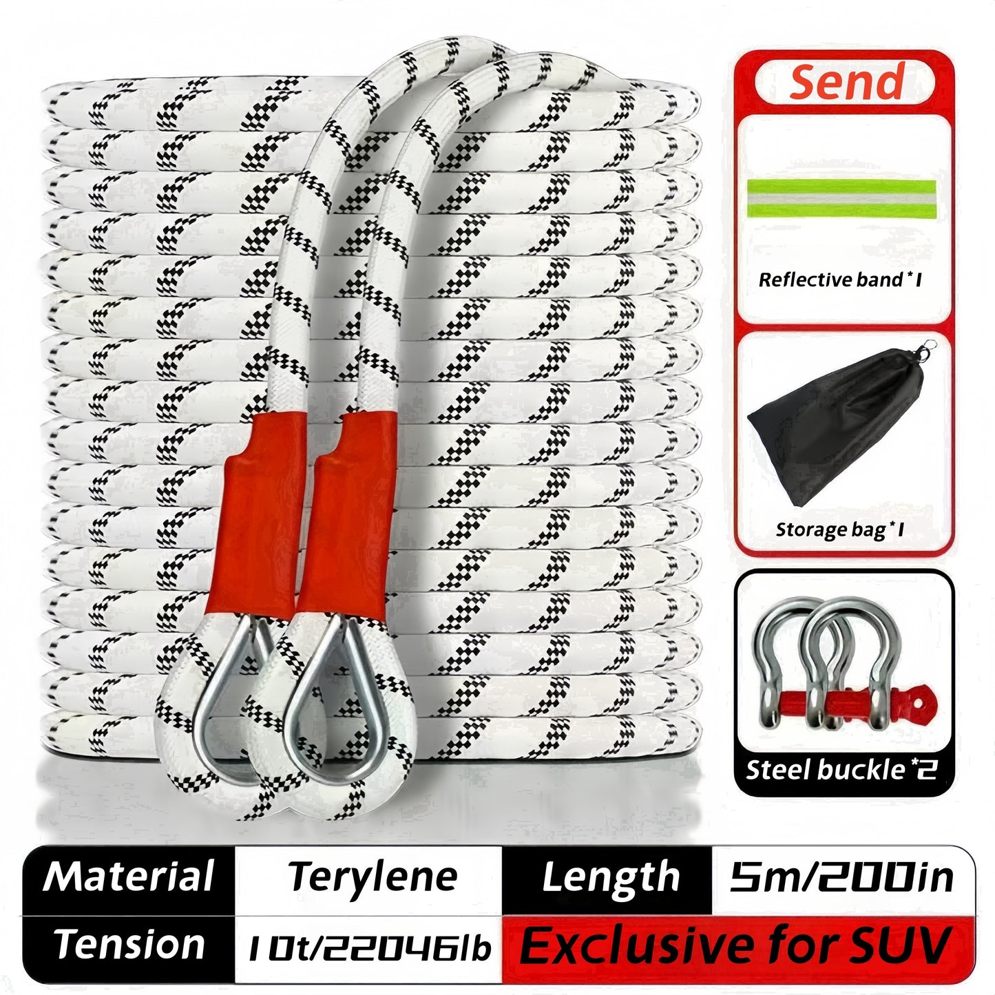 Heavy-duty tow rope for emergency car recovery with 5500lb/2500kg tensile strength, polyamide material, reflective band, steel hook, and storage bag. Can be used on the left side of the