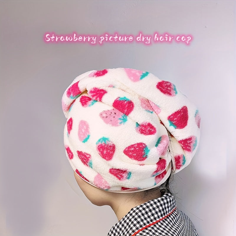 1pc Ultra-absorbent Strawberry Pattern Hair Drying Cap for Women made of soft coral fleece material. Specifically designed for quick-drying and frizz control, also doubles as a cute bathroom accessory.