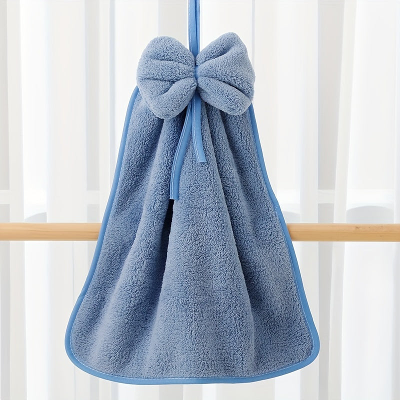 Bowknot Coral Velvet Fingertip Towel, Quick-drying, Absorbent, Cute hanging towel for bathroom.