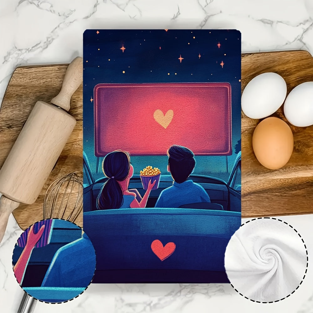 2 pieces of ultra soft kitchen towels featuring a hand drawn illustration of a couple sitting in their car at a drive-in movie theater. They are watching a romantic film on the big screen while sharing a bucket of popcorn. The car's hood is decorated