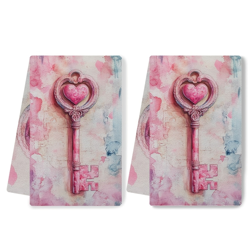 Valentine's Key Design Kitchen Towels, 2-Pack, Made from Ultra Soft Polyester, High Absorbency, Easy to Clean in Washing Machine, Size 40.64x60.96 cm, Modern Rectangular Dish Hand Towels Perfect for Coastal Holiday Decoration