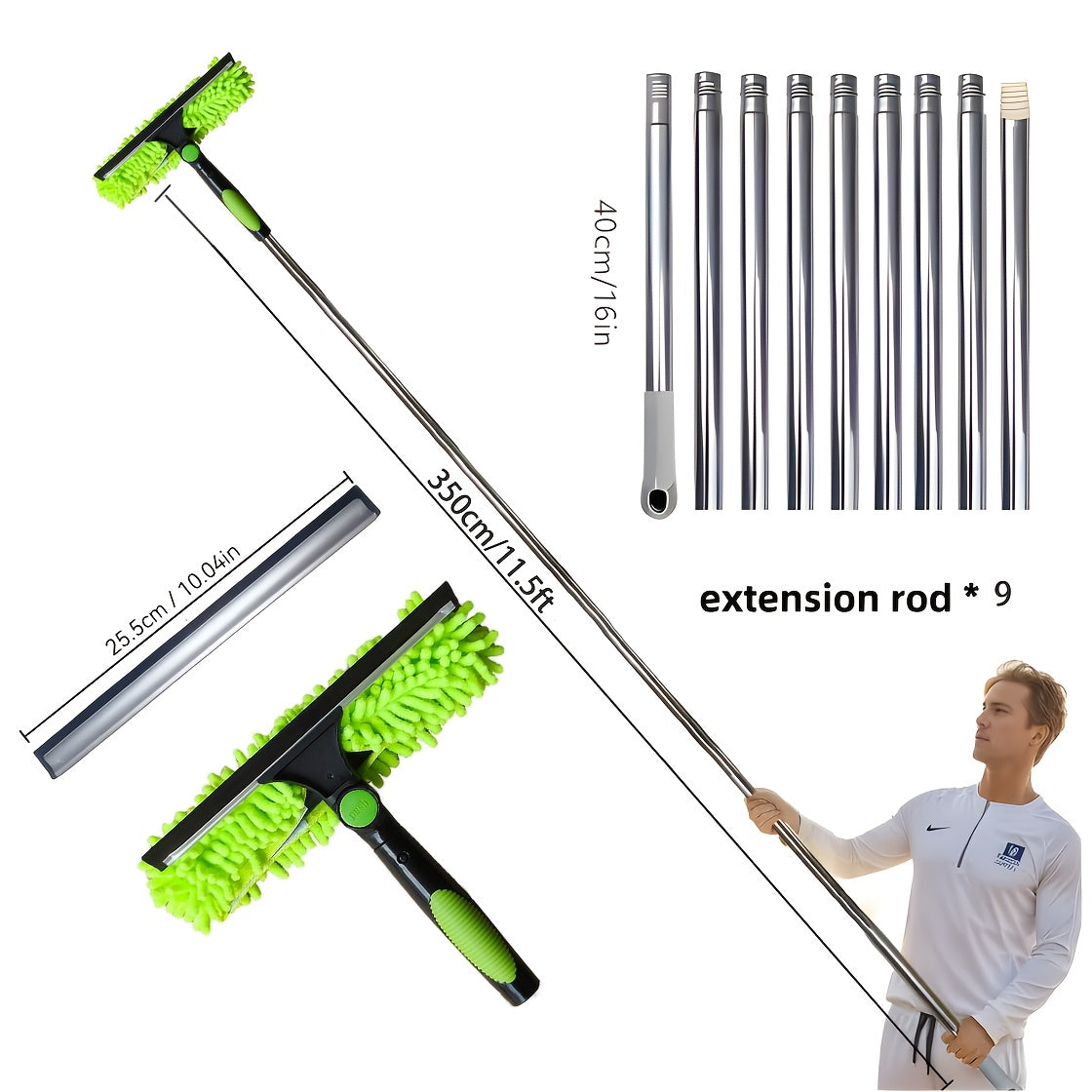 Window cleaner kit with washer, squeegee, microfiber cloth, stainless steel handle, resin head, and 59.74-meter reach, available in 5 colors. No electricity needed.