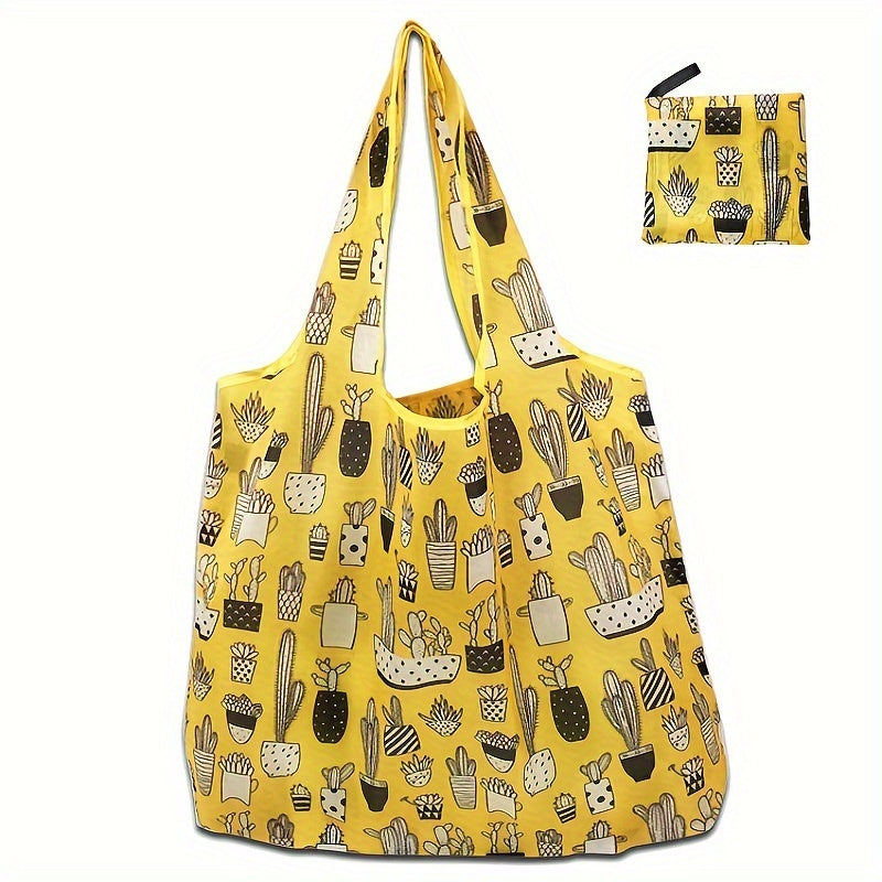 Durable, Lightweight, Washable Grocery Tote Bag with Cartoon Cactus Design - Perfect for Errands, Travel, and Outdoor Activities - Large Capacity and Easy to Fold