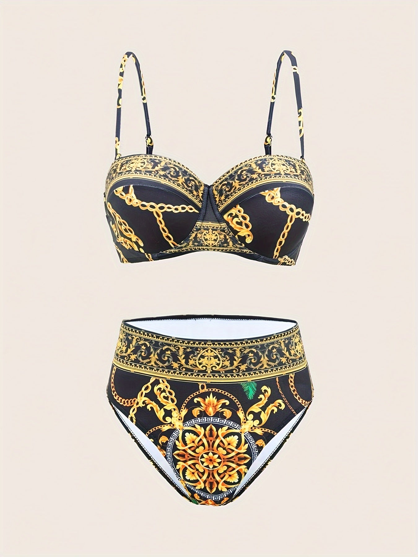 Boho Style Off the Shoulder Bikini Set with Geometric Pattern, High Stretch Polyester Elastane Swimwear for Women