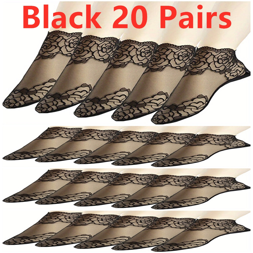 5 pairs of women's invisible boat socks featuring geometric-pattern lace floral trim, made of 95% polyester and 5% spandex knit fabric. Hand washable with contrast lace ankle socks.