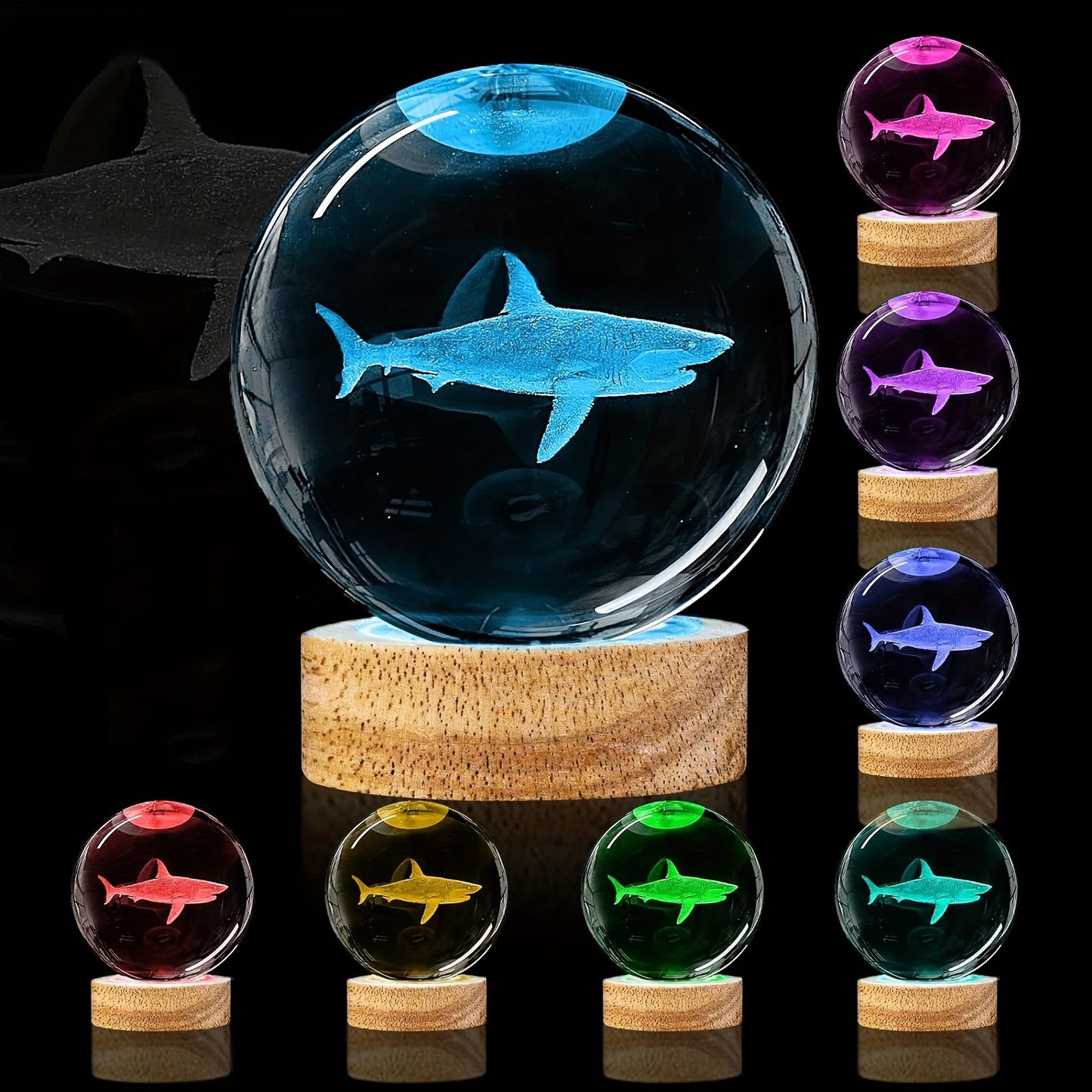 3D Shark Crystal Ball Night Light with Wooden LED Base, USB Powered, Perfect for Bedroom Decor and Gifts