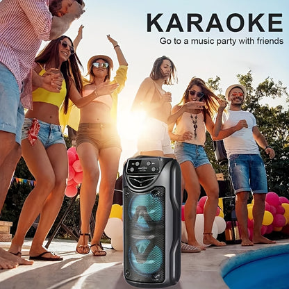 Loud, portable outdoor speakers with LED lights, large battery, and various connectivity options. Ideal for live music and home parties.