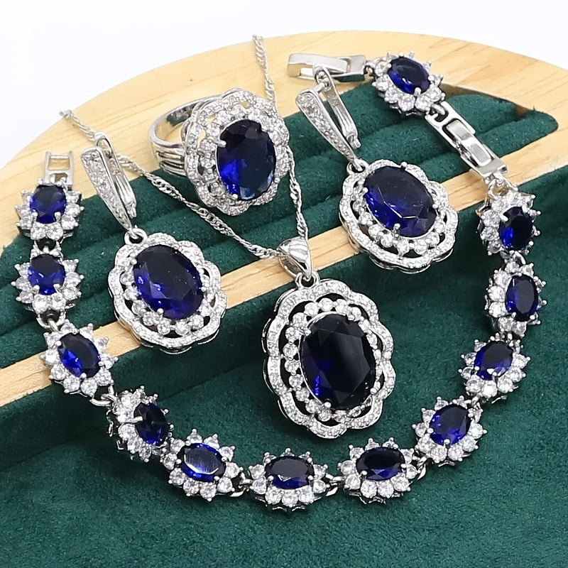 Classic Elegance Jewelry Collection for Women, Featuring 925 Silver Plating and Artificial Sapphire Stones, Ideal for Weddings, Parties, Birthdays, and Valentine's Day Presents