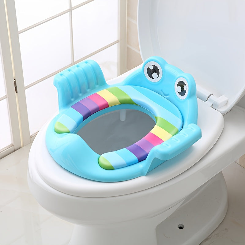 Cute cartoon toilet seat with training insert features frog & dolphin design. Portable, non-slip travel potty chair for boys & girls with urine splash guard. Versatile training set includes travel bag, suitable for children aged 3-12.