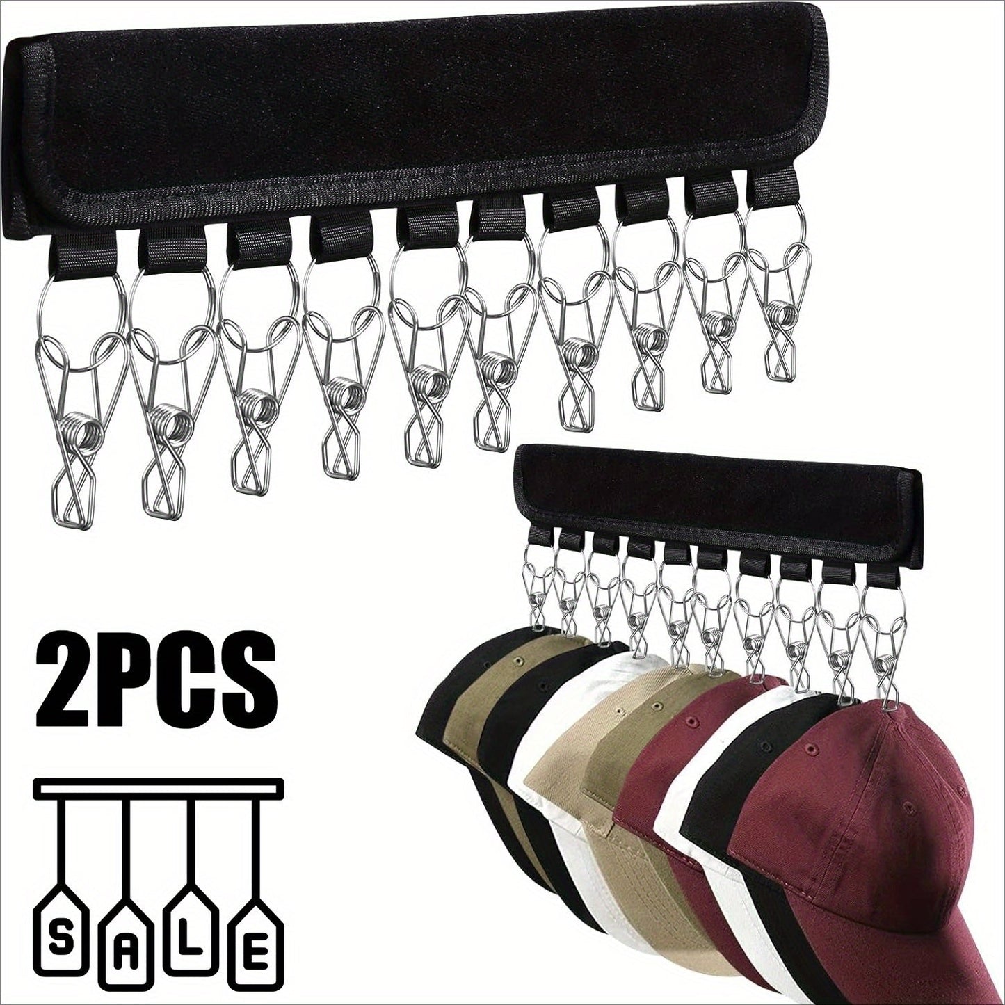 Polyester Hat Hangers - Set of 2, with 20 Stainless Steel Clips. 
This Portable Hanging Display is perfect for Winter Knit Caps, Baseball Caps, Ties, Socks, and Underwear. 
No Electricity Required, this Space-Saving Storage Solution is convenient and