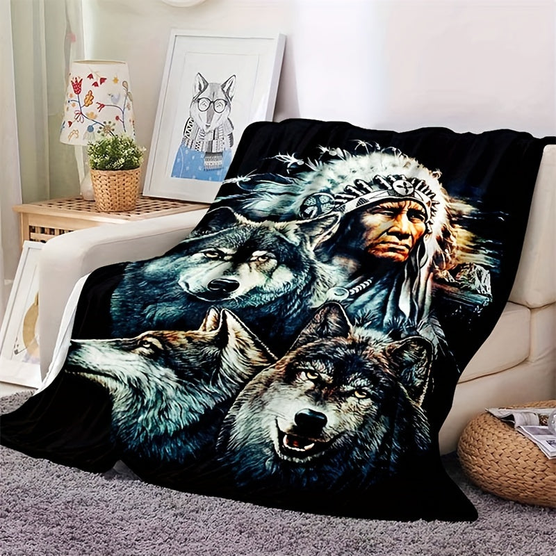 1 piece of retro Indian and wolf pattern printed blankets, with flange detail and made from soft, warm fabric perfect for using on sofas, in offices, or on beds while camping. These blankets are versatile and can be used as NAP blankets, making them a