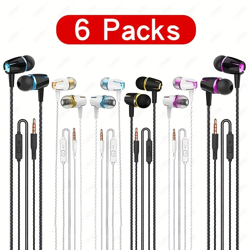 6-pack wired earphones with microphone, in-ear headphones featuring noise reduction, call and bass capabilities, stereo sound, and mixed colors. Compatible with iPhone, iPod, iPad, MP3