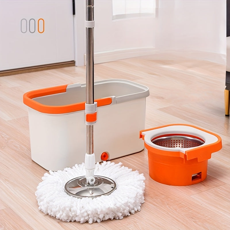 Introducing the Rotary Mop and Bucket Set, made from durable Stainless Steel and Polypropylene materials. This set features a 360° Swivel System and includes 2 Microfiber Mop Heads for efficient multi-surface cleaning. Perfect for household use, it is