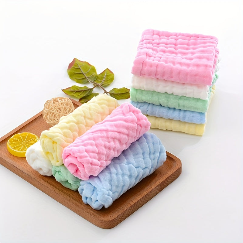 Set of 5 Baby Muslin Washcloths/Burp Cloths/Face Towels made of natural Muslin cotton. These soft face cloths are perfect for newborns and make a great baby shower gift. Each cloth has 6 layers for optimal absorbency, measuring 26.92x26.92 cm.