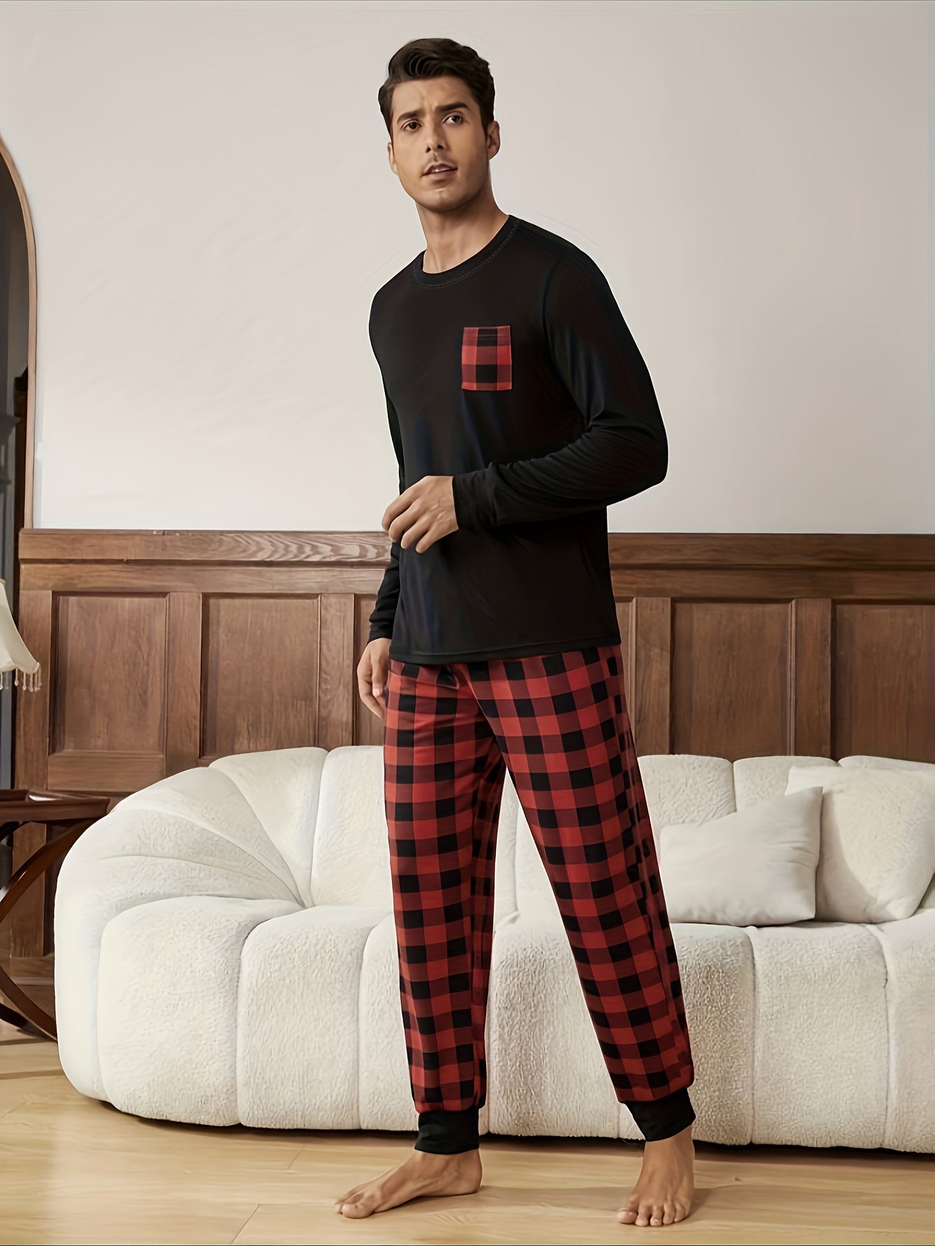 Men's Long Sleeve Plaid Pajama Set in Regular Fit made of Knitted Polyester Fabric with Round Neck, Stretchy, with Pockets for Autumn/Winter