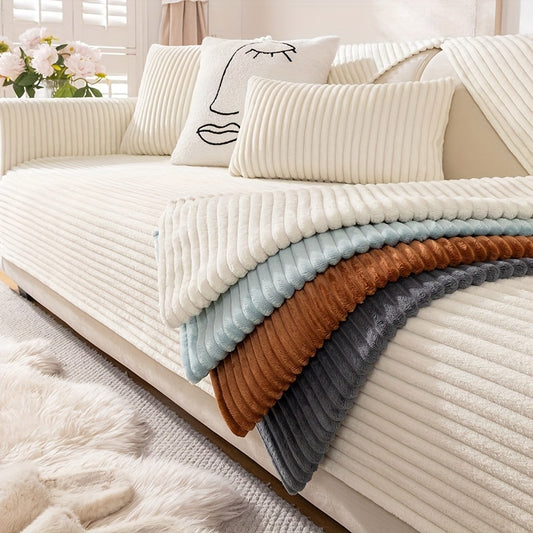 Thick plush sofa cover with stripes for winter, non-slip and anti-dirty. Modern style for home protection and decoration.