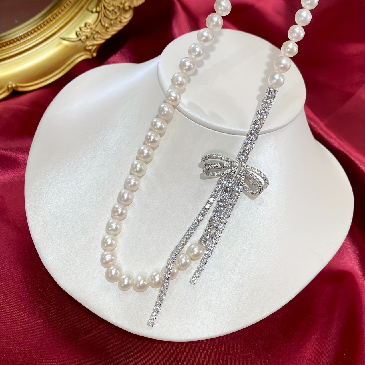 Chic Pearl Necklace adorned with Sparkling Cubic Zirconia Bow - Ideal for Weddings, Mother's Day, and Special Events