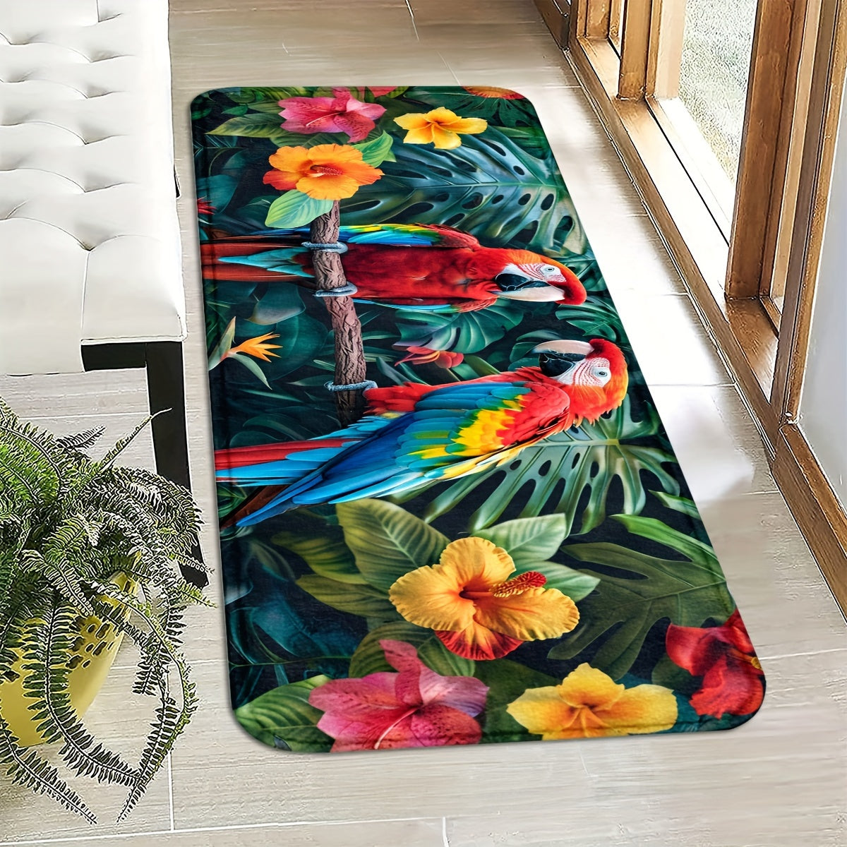 Indoor Entrance Mat for Entryway with Parrot Design, Non-Slip and Machine Washable Polyester - Knitted Fabric, Front Door Mat